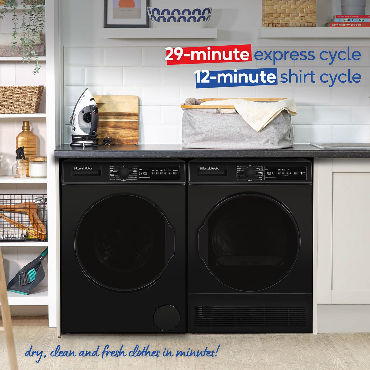 Russell Hobbs Freestanding Condenser Dryer Electric Tumble Dryer 15 Programmes 8kg Capacity 3 Heat Settings LED Display DelayStart Anti-Crease Child Lock Black Clothes Dryer RH8CTD111B
