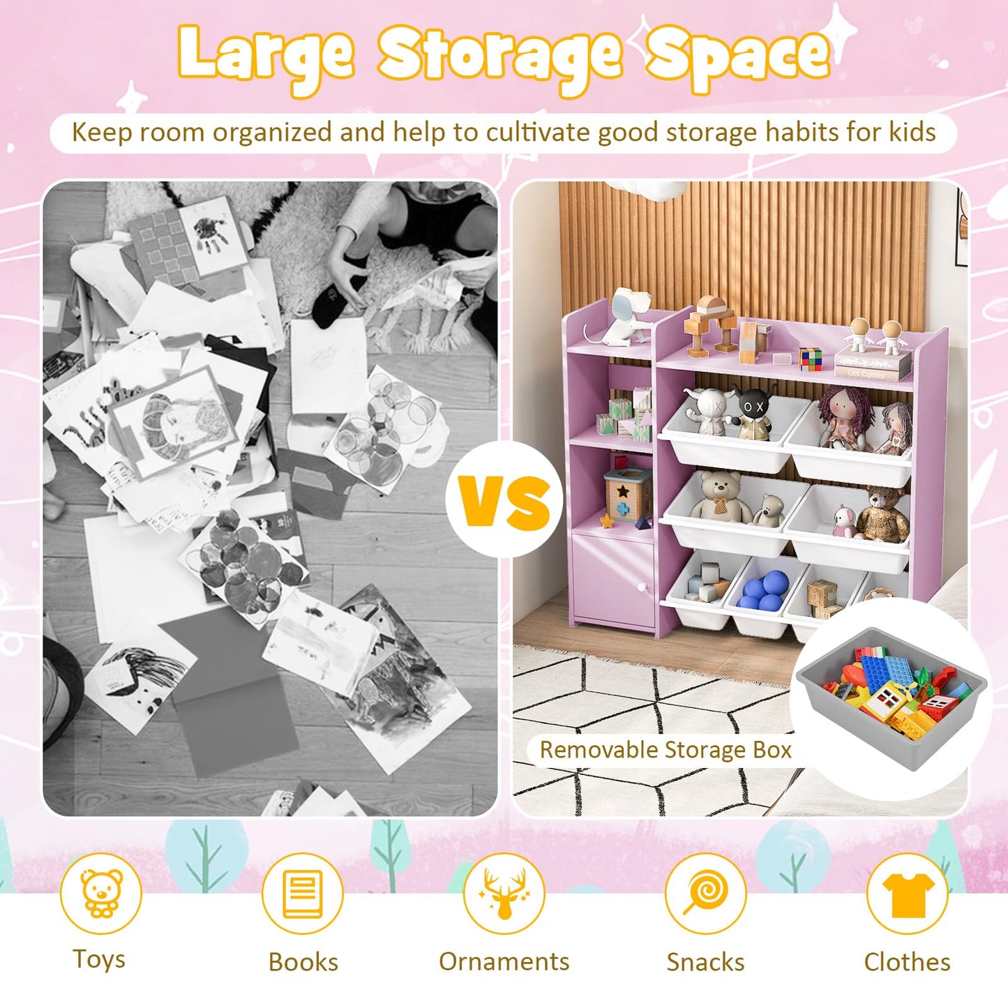 GYMAX Toy Storage Organizer, 4 Tiers Kids Bookshelf and Toy Storage Unit with 8 Bins, Open Shelves and Enclosed Cabinet, Children Bookcase for Playroom Bedroom Nursery (Pink)