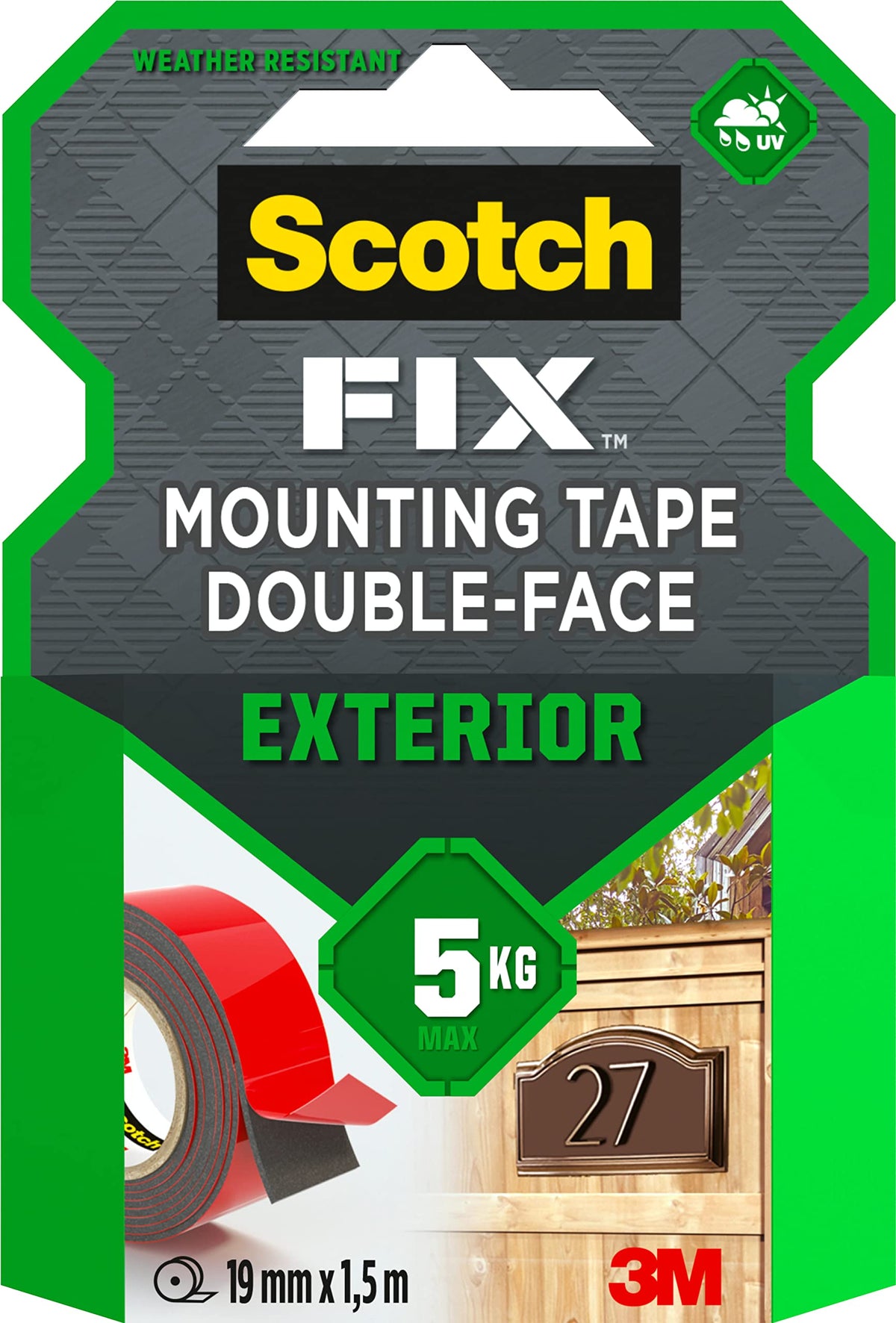 Scotch-Fix Double-Sided Extreme Exterior Mounting Tape, 19mm x 1,5m - For Outdoor Extreme Use, Weather Resistant, Permanent Tape, 100% Adhesive, 3M Advanced Technology - Holds up to 10kg