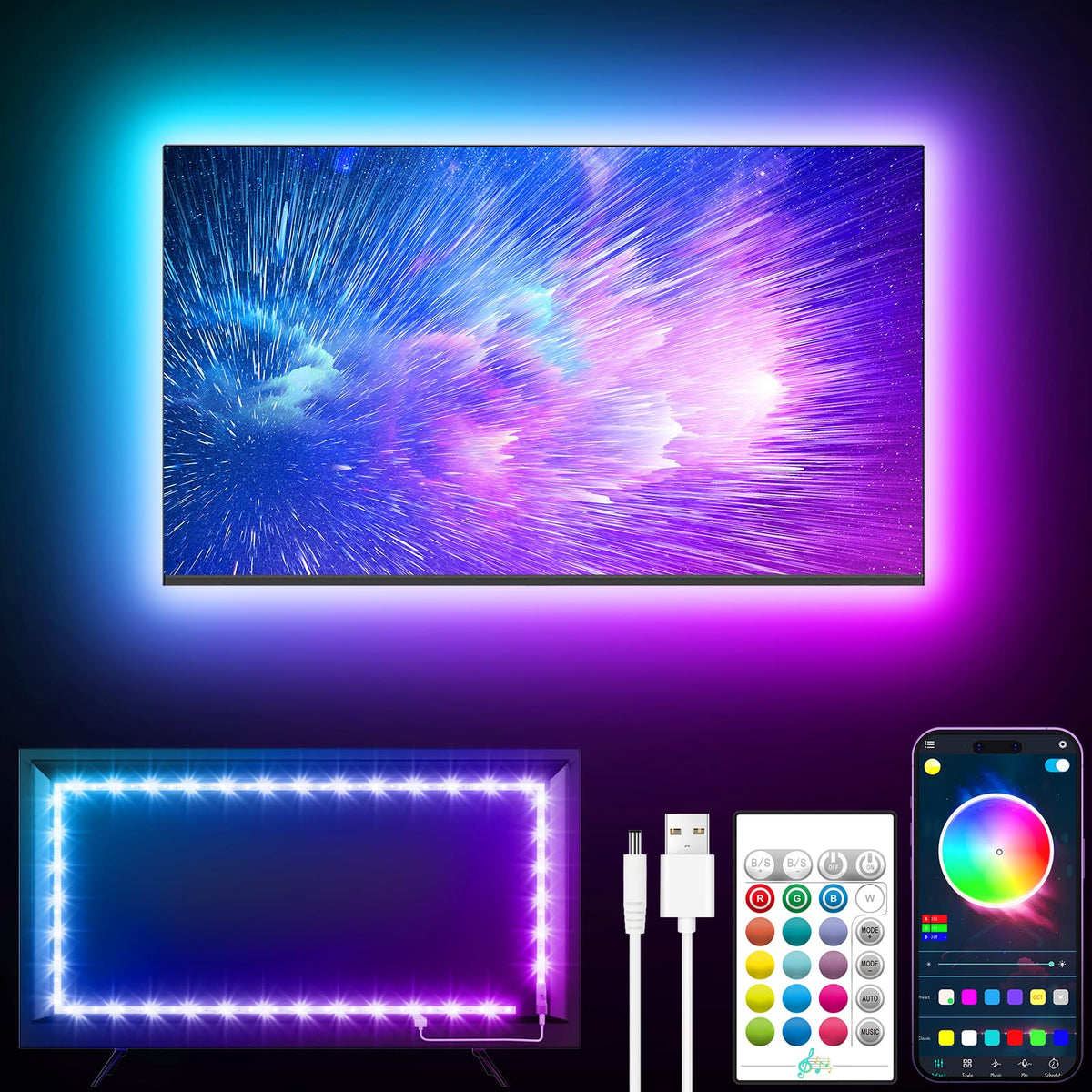 GIPOYENT TV Light Strip, 5M TV Backlight, for 45-75 Inch TV, Music Sync LED TV Light with Bluetooth Function - RGB Color Changing Light Strip for Home Theater (16.4ft)