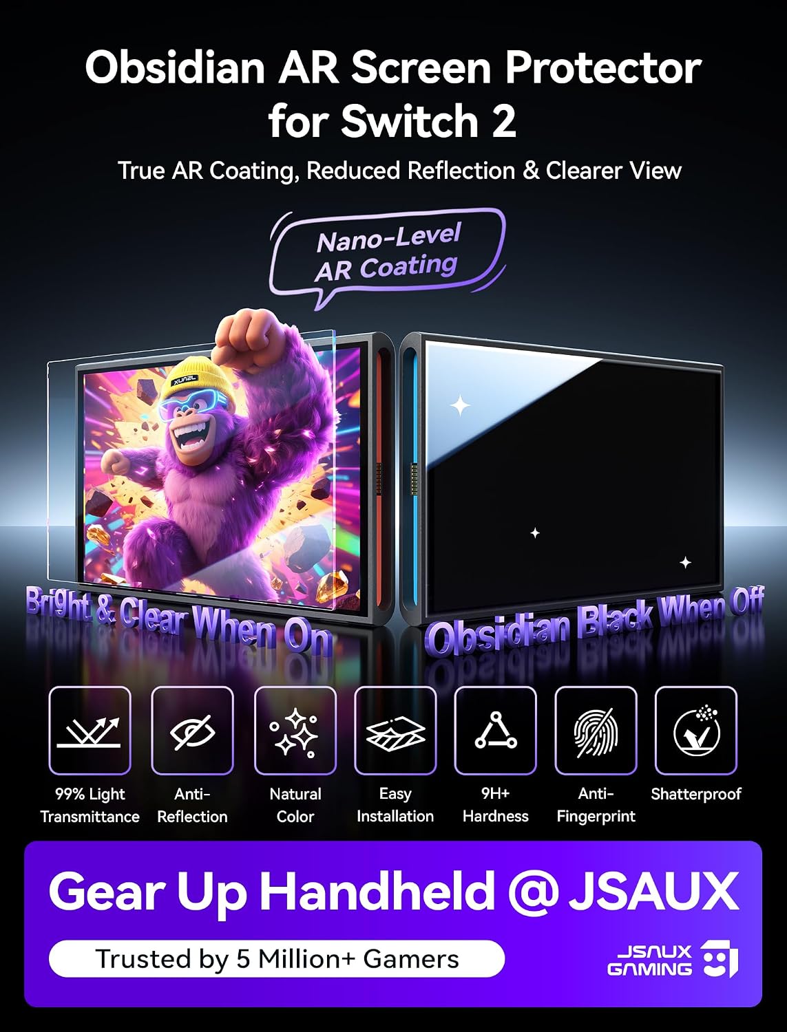 JSAUX Obsidian AR Screen Protector for Nintendo Switch 2,1-Pack