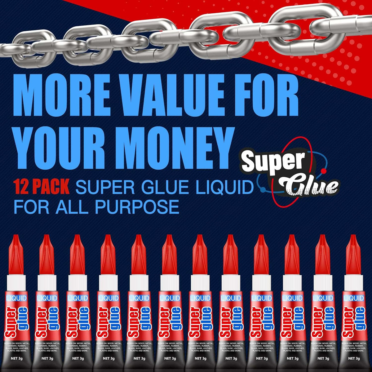 3g (12 Pack), Super Glue Liquid, All Purpose, Fast Setting, Ideal for Metal, Ceramics, Leather & More