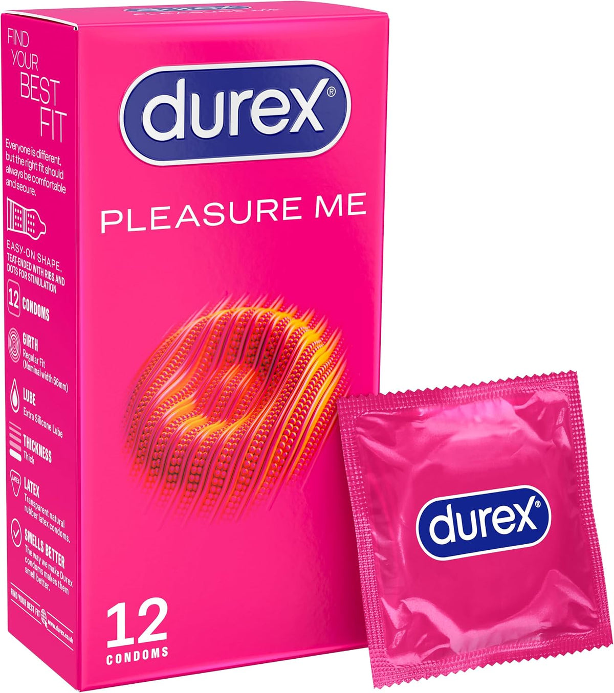 Durex Pleasure Me, 12 Condoms, Ribbed & Dotted, Regular Fit, Pre Lubricated