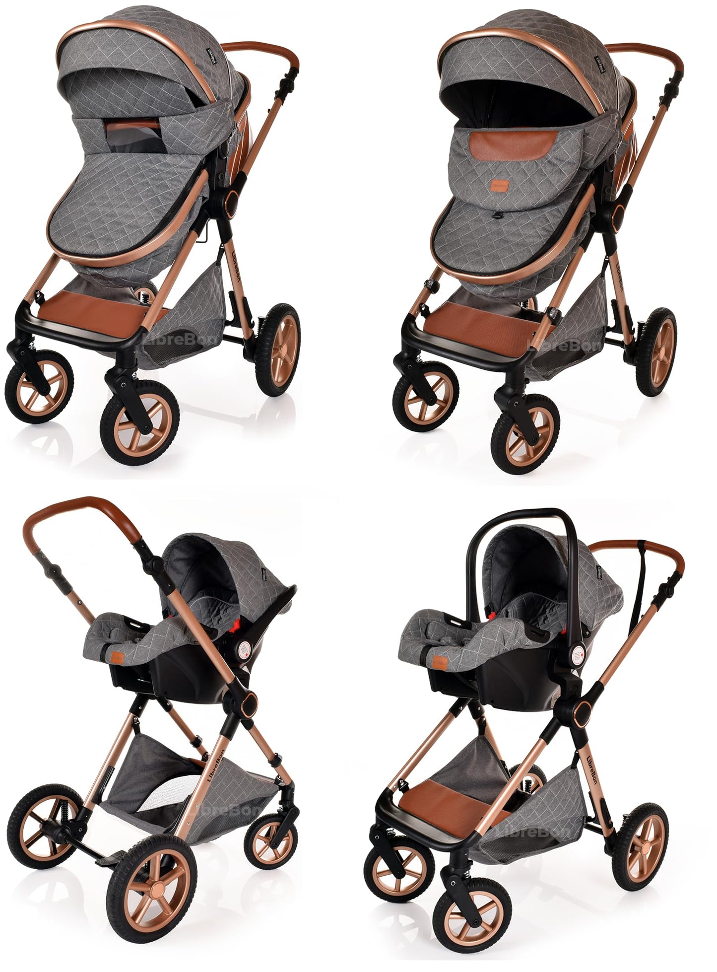 Baby Buggy Pram Pushchair Stroller 3 in 1 Child Lightweight Folding Stroller 3 in 1 Travel System Pram for Newborns & Toddlers from Birth Aluminum (Beige - Rose Gold Frame)