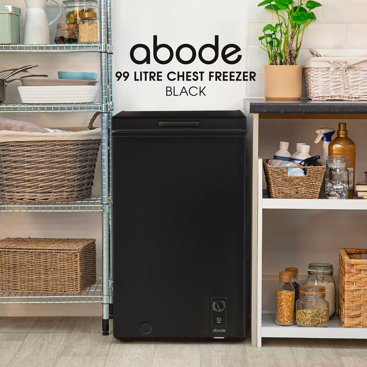 Abode Freestanding White Chest Freezer 99L with Removable Wire Basket & Counter Balance Lid, Adjustable Thermostat, 4 Star Freezer, Suitable for Garages & Outbuildings A99CF0E1W