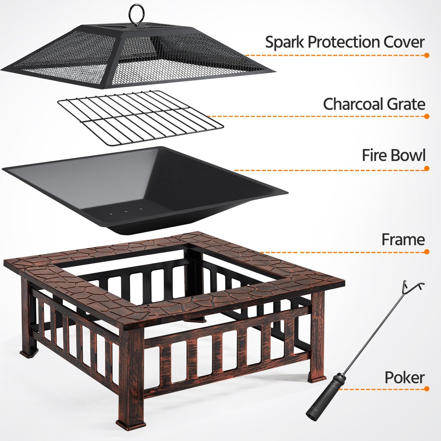 Yaheetech Outdoor Fire Pit 81cm Square Fire pits 3-in-1 Heat-resistant Metal Garden Stove for Barbecue, Heating, Cooling Drinks with Cover & Poker, Black
