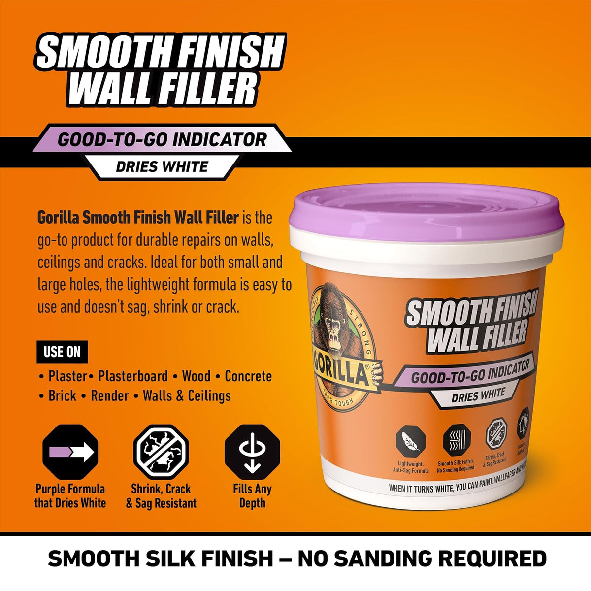 Gorilla Smooth Finish Wall Filler, 473ml – Applies Purple & Dries White | Repairs Small and Large Holes in Walls & Ceiling, Smooth Finish, Won’t Shrink or Crack, Fills any Depth| Indoor & Outdoor Use