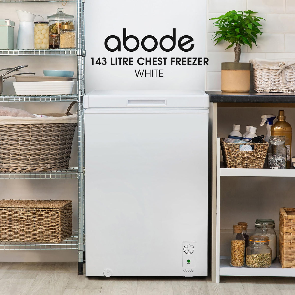 Abode Freestanding White Chest Freezer 99L with Removable Wire Basket & Counter Balance Lid, Adjustable Thermostat, 4 Star Freezer, Suitable for Garages & Outbuildings A99CF0E1W