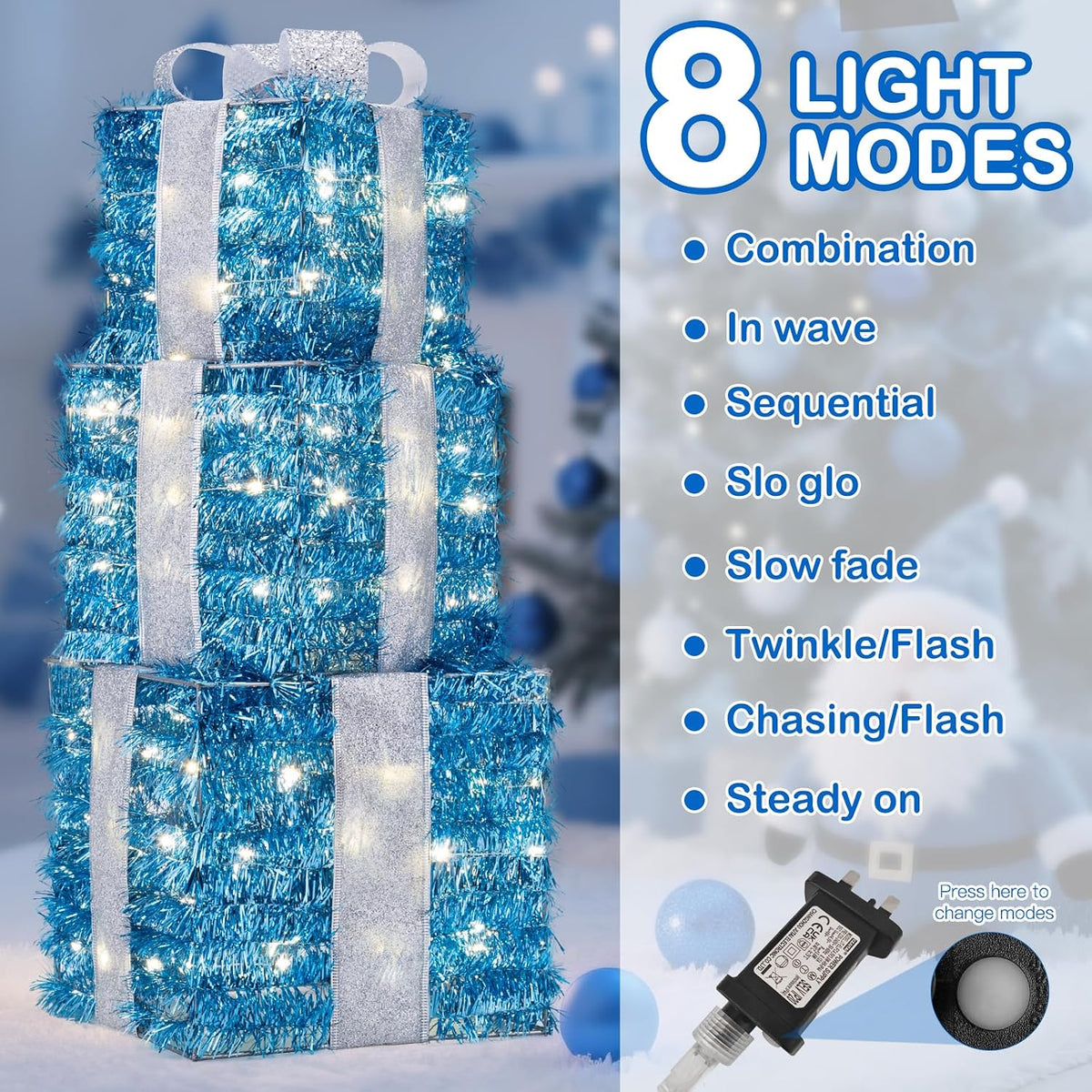 Set of 3 Blue Lighted Boxes, Silver Bows, Christmas Decor Indoor/Outdoor