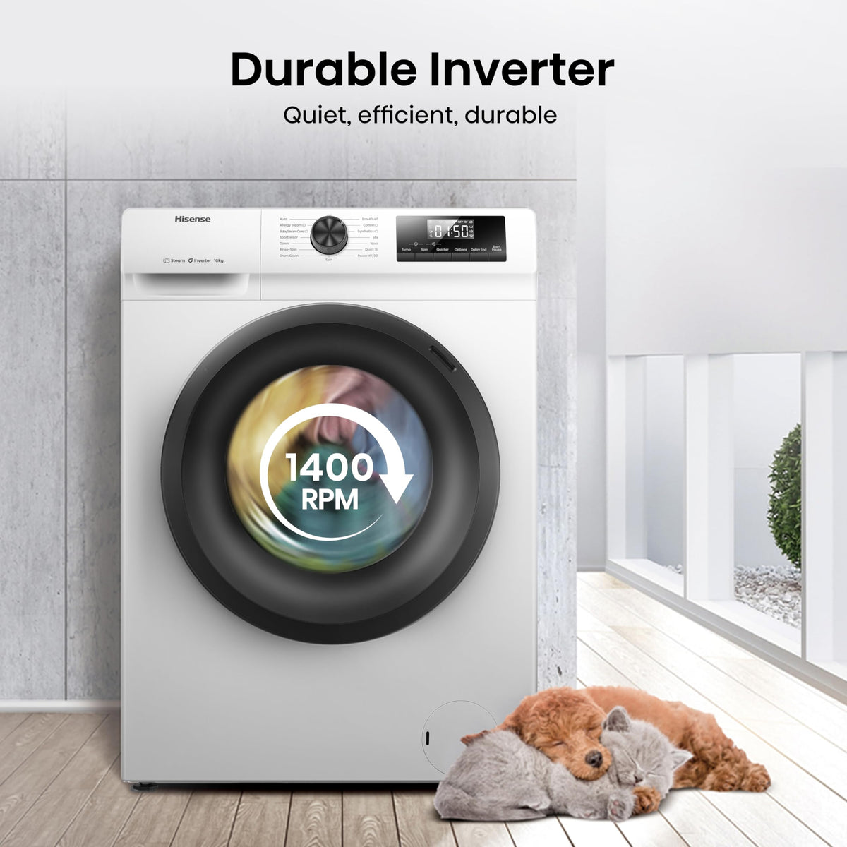 Hisense WF1G7021BW Freestanding 7 KG-Front Load Durable Inverter Washing Machine, Steam Wash-Quick Wash-15 Washing Programs-1200 RPM-White-Energy Rating B