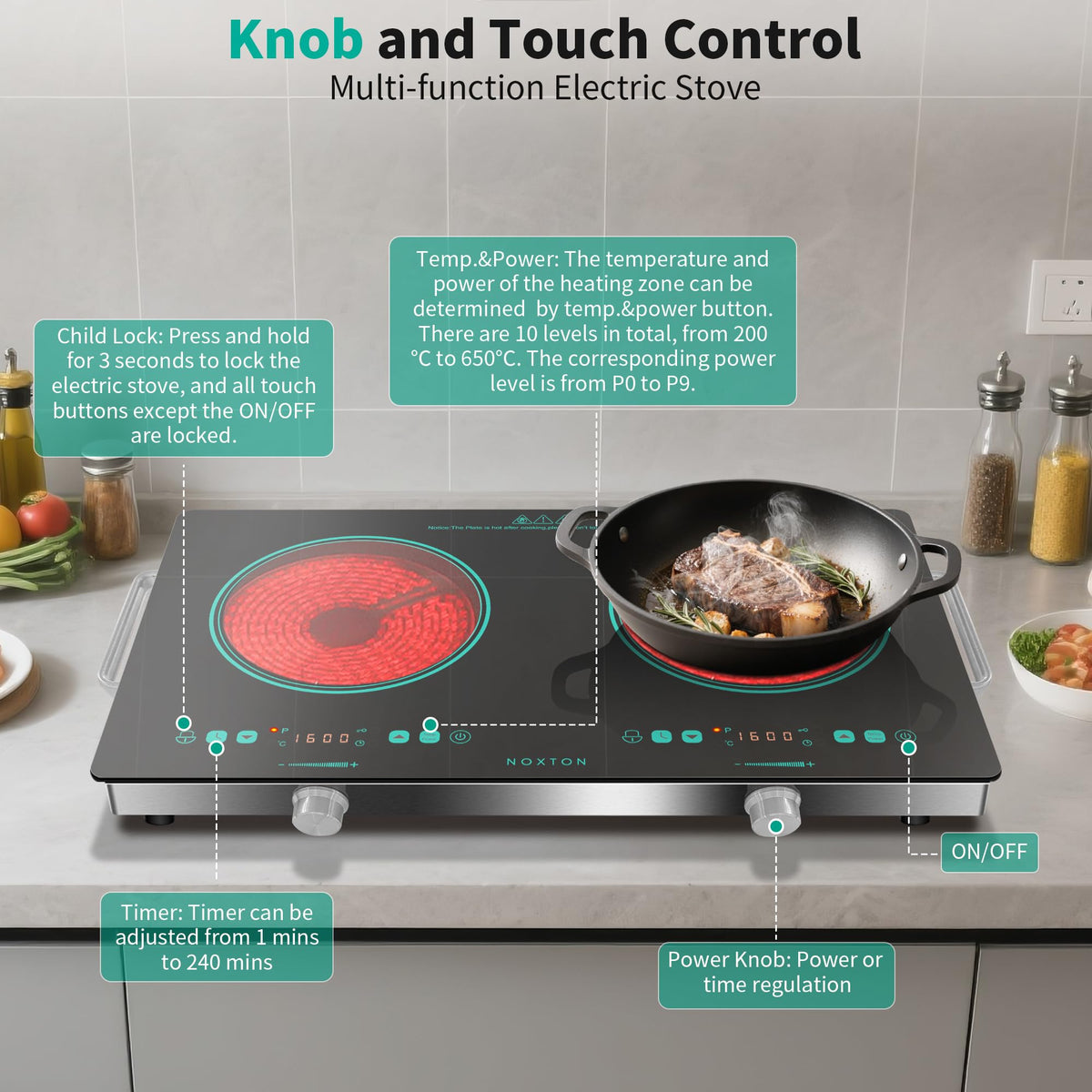 Noxton 2 Zone Ceramic Hob 30cm Electric Hob with Timer, Safe Lock, Pause Coutertop Use Hob with 13AMP Plug 2800W