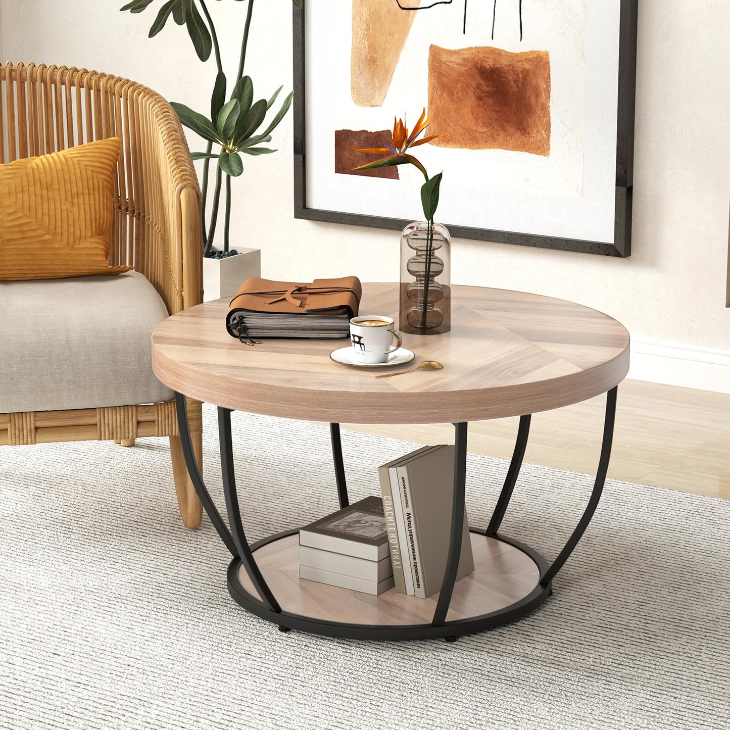 COSTWAY 2-Tier Round Coffee Table with Storage Shelf, Metal Frame Industrial Accent Cocktail Center Unit Sofa Side Tea Table for Living Room, Bedroom and Office, 80x80x45cm (Rustic Brown+Black)