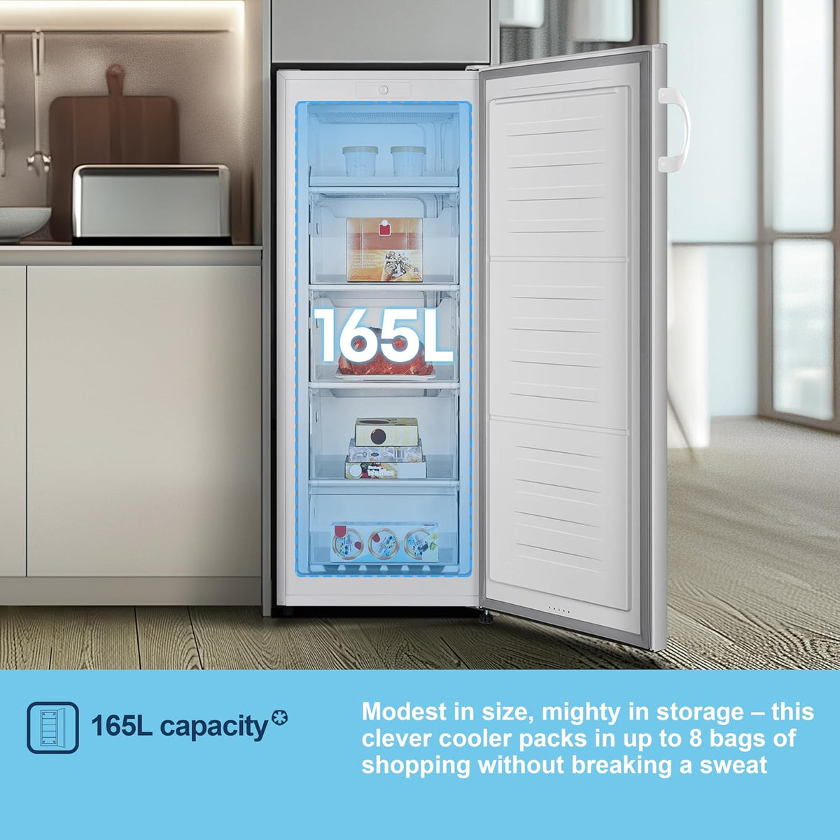 Fridgemaster MTZ55153E Freestanding Upright Freezer, 165 Litres, 143 cm Tall, 4 Star Freezer Rating, 55cm width, E Rated in White