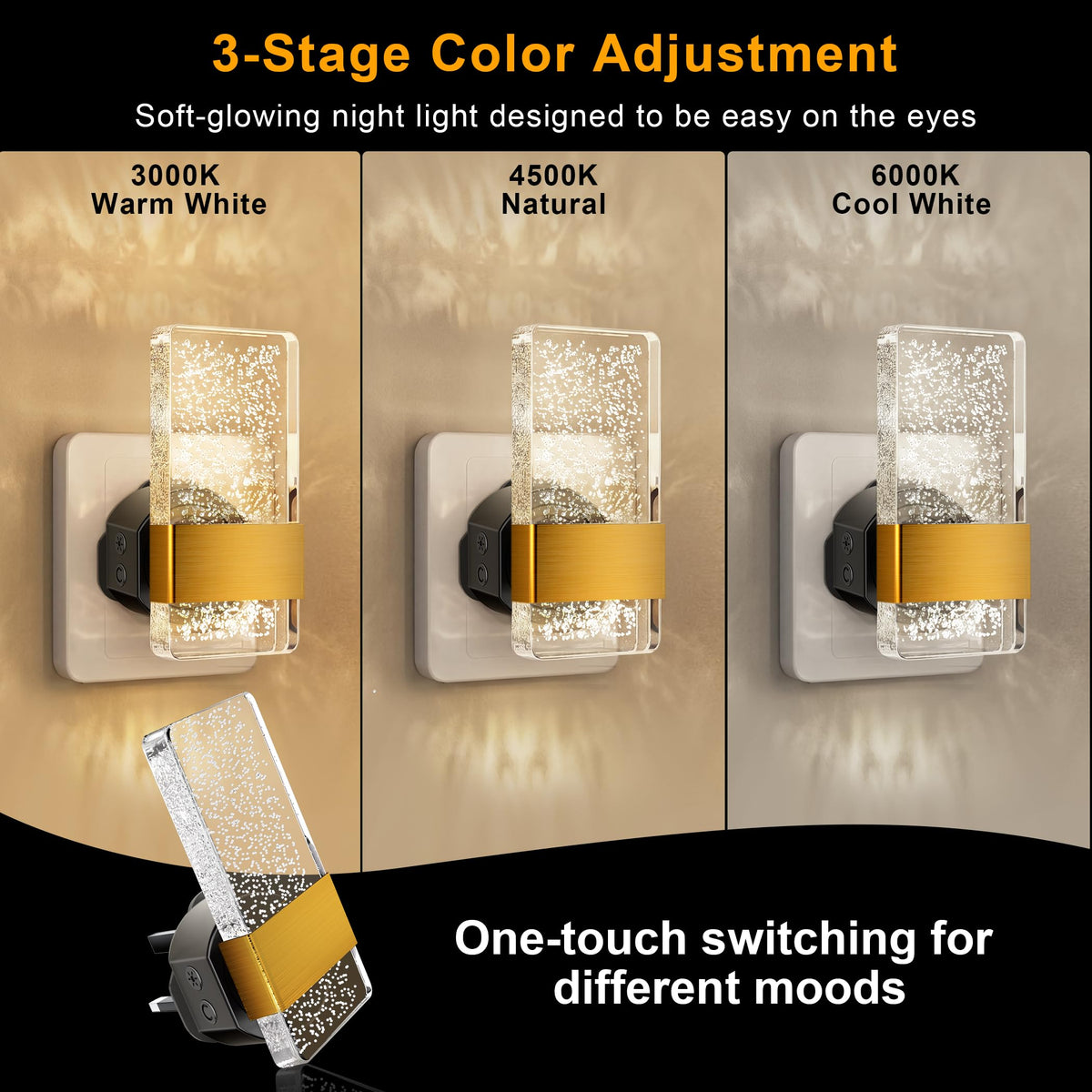Night Light Plug in Wall with Dusk to Dawn Sensor Modern 2 Pack Gold