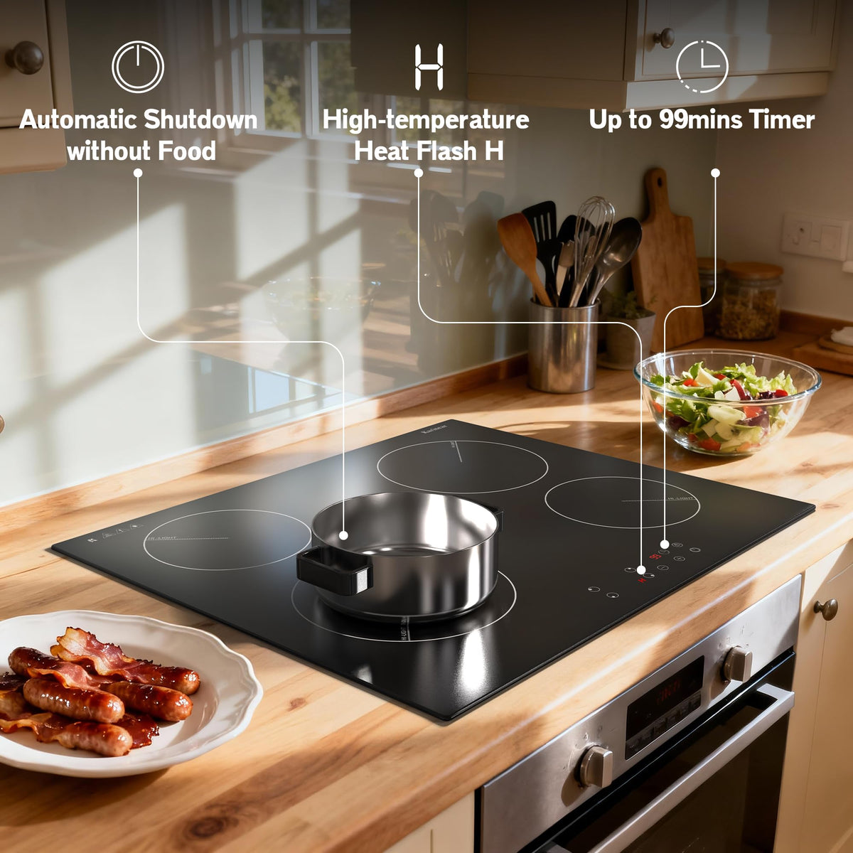 Karinear Electric Ceramic Hob 60cm 4 Zones with Built-in Extractor Hood