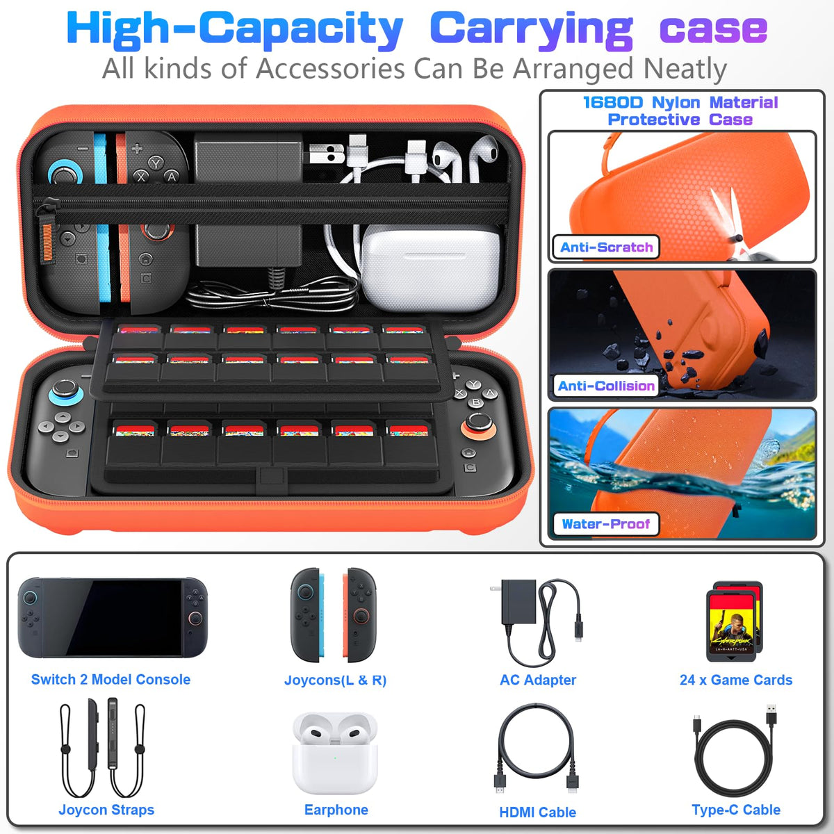 daydayup Switch 2 Carry Case Compatible with Nintendo Switch 2, with 24 Games Cartridges Protective Hard Shell Travel Carrying Case Pouch for Switch 2 Console & Accessories,Black
