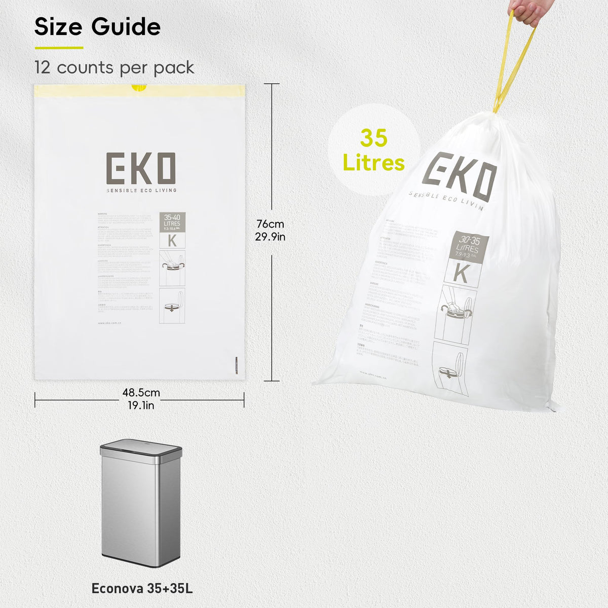 EKO Bin Bags, Kitchen Bin Liners, Drawstring, 40-60 Litre, 12 Count, Code F