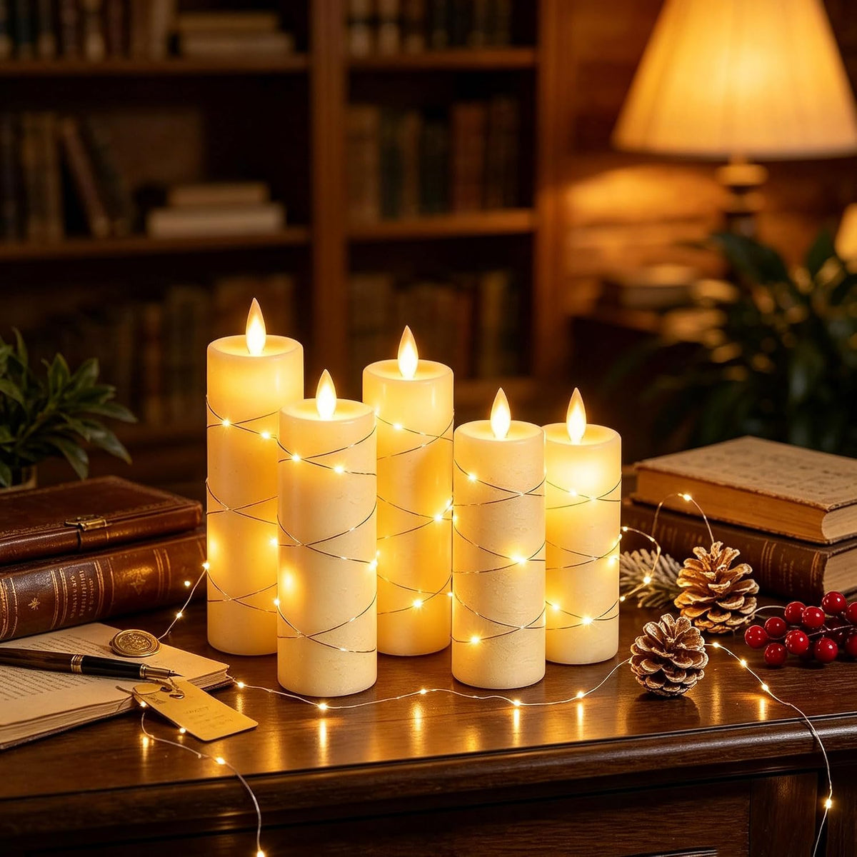 Da by 3 Pack Ivory Flameless LED Candles with Fairy Lights, Realistic Moving Flame Paraffin Wax Candles, Remote Control, Soft Warm Light, 8cm D x 12.5/14.5/16.5cm H, Indoor Wedding Home Decor