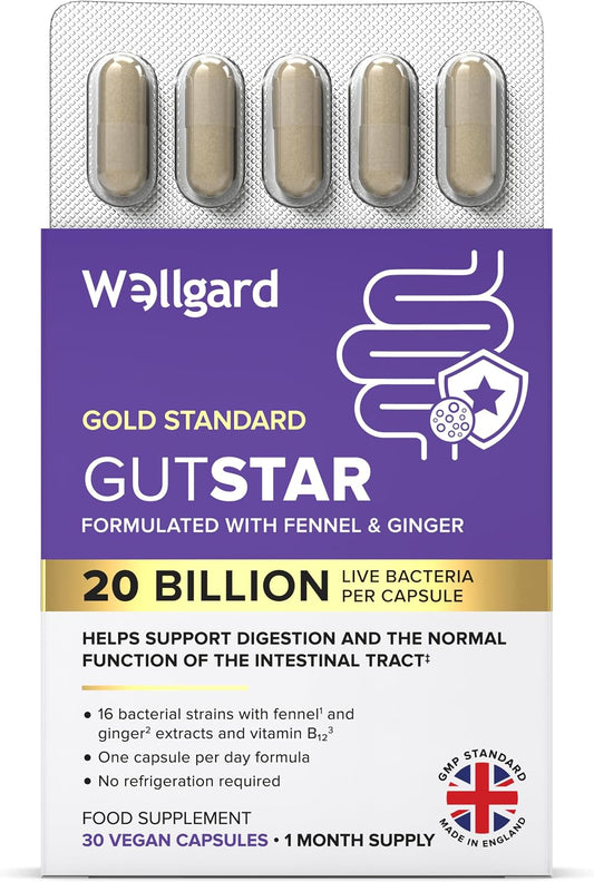 Wellgard Gutstar Bio Cultures for Gut Health, 20 Billion CFU - 16 Strains Bio Culture Supplement for Women & Men, with Fennel, Ginger & Vitamin B12, Vegan, 30 Capsules, UK Made