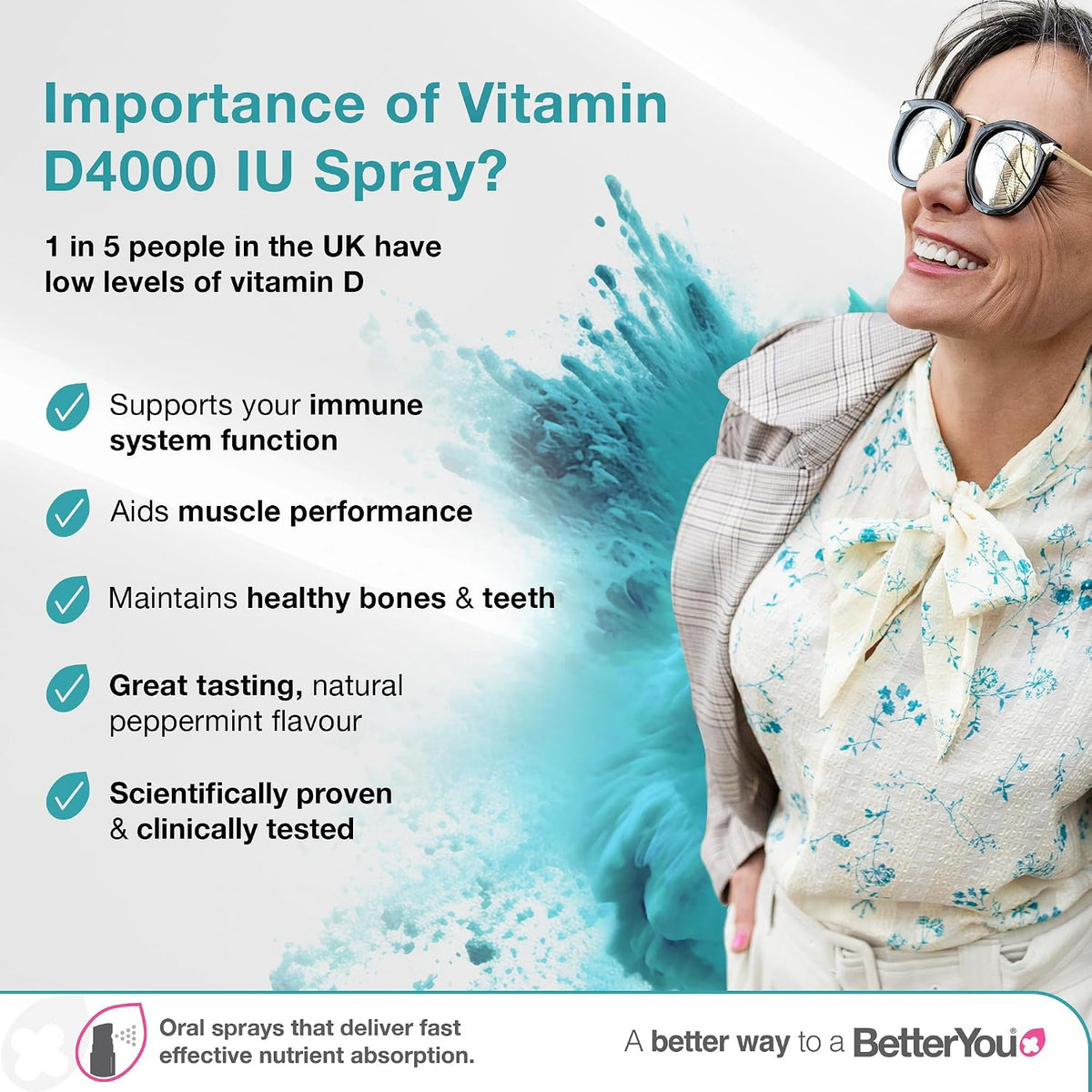 Vitamin D3 4000 IU Oral Spray, High Strength Vitamin D Supplement, 3-Month Supply, Sugar-Free Peppermint Flavour, Made in the UK | BetterYou