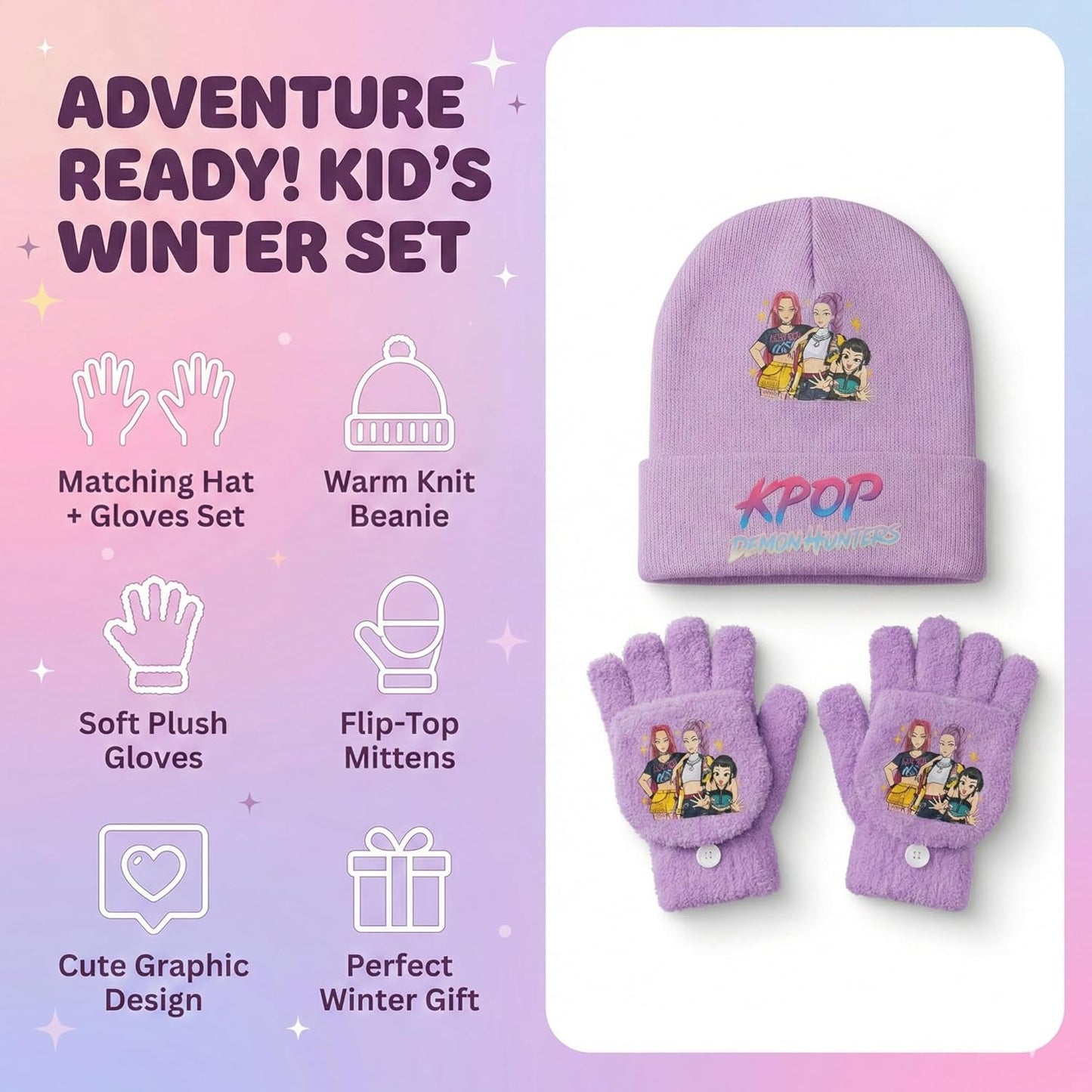 Kpop Inspired Hunters Winter Hat and Gloves Set - Warm Thermal Beanie Cap With Anti-slip Fold Mitten Gloves Outdoor Sports Soft for School,Gifts for Korean Pop, Anime Lovers, Girls