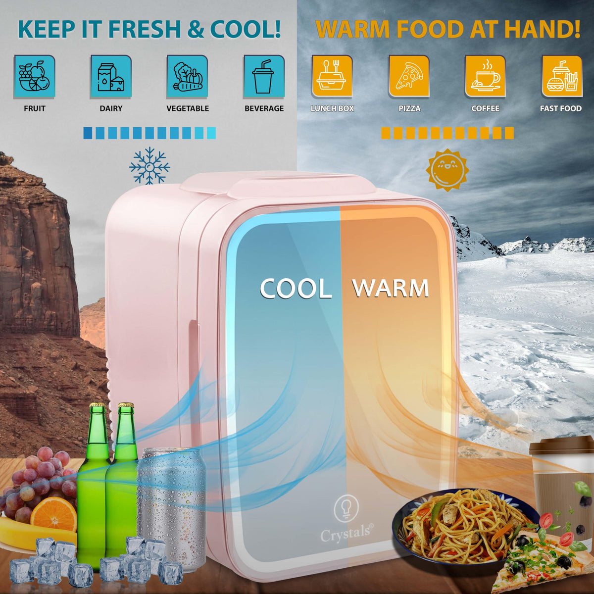 Crystals 4/10/15L Litre Mini Fridge, Table Top Small Fridge Cooler & Warmer for Car Bedrooms Desk Office, 12V DC - 220 AC, Mini Fridge for Bedrooms – Energy Efficient (Black, 4L Litre)