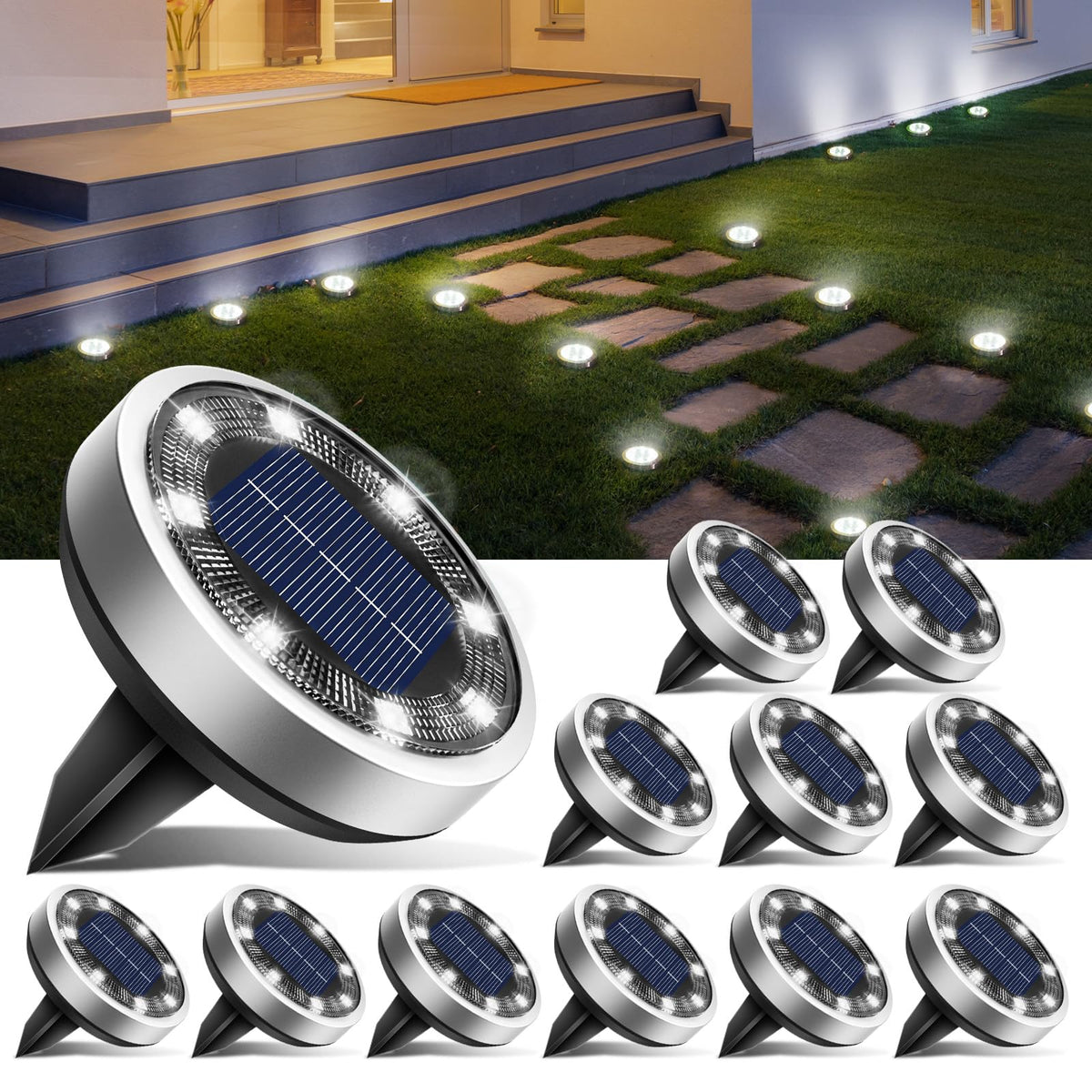 btfarm Solar Lights Outdoor Garden, 6 Pack 8 LED Solar Ground Disk Lights Outdoor IP65 Waterproof for Garden Pathway Lawn Patio Yard Landscape (Blue)