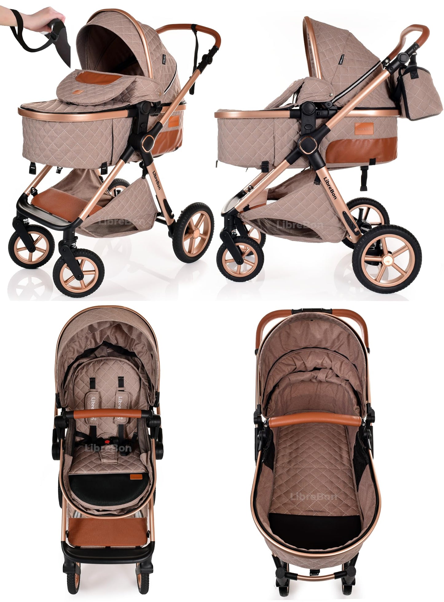 Baby Buggy Pram Pushchair Stroller 3 in 1 Child Lightweight Folding Stroller 3 in 1 Travel System Pram for Newborns & Toddlers from Birth Aluminum (Beige - Rose Gold Frame)