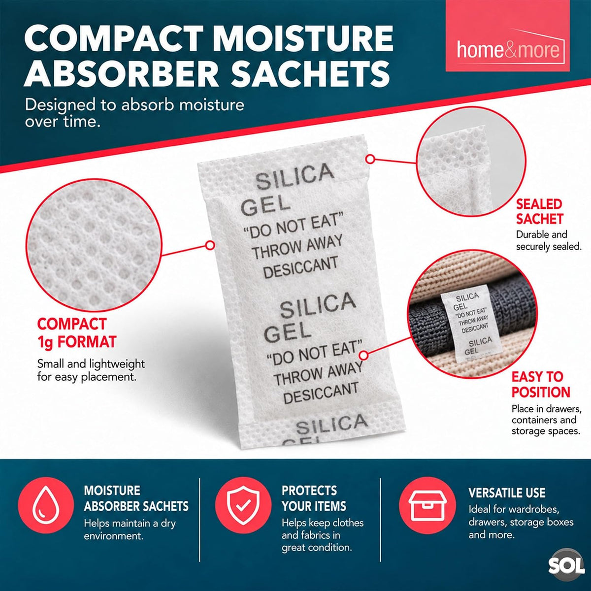 SOL 300pk Silica Gel Sachets - 1g Silica Gel Packets Desiccant Sachets