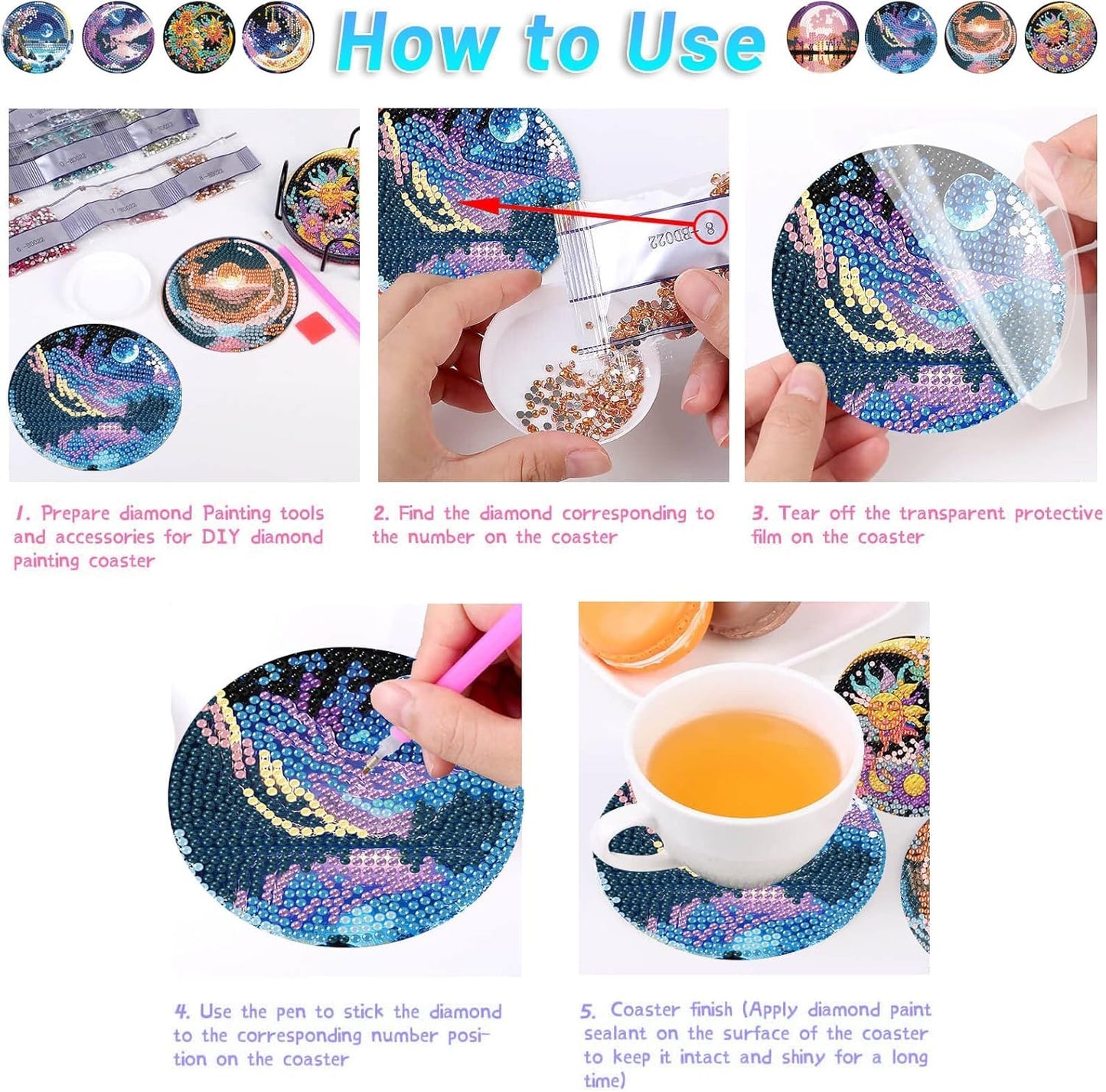 8 Pcs Flowers Diamond Art Coasters Kits for Adults Begainners,Full Drill Diamond Painting Coasters Kit with Holder,DIY Gem Painting Craft Kits for Adults Supplies Gift (Flowers).