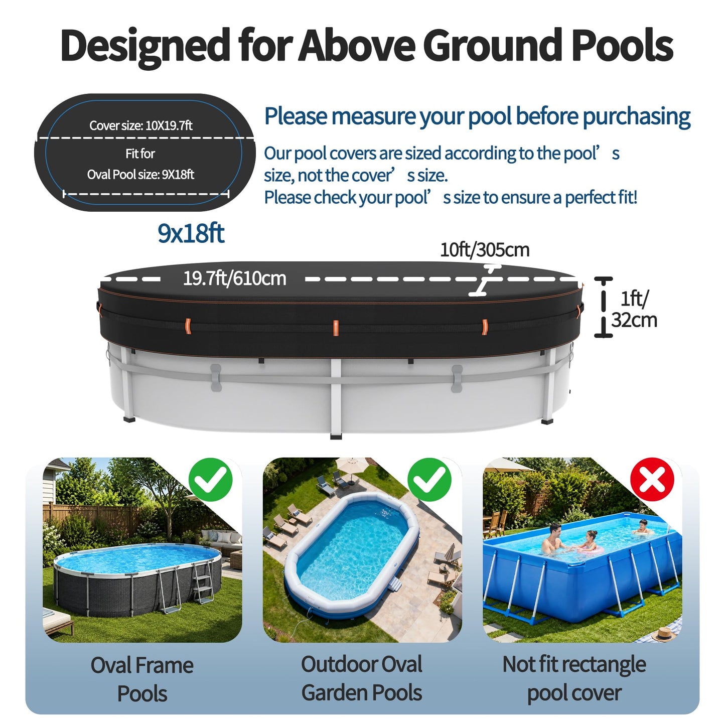 Round Pool Cover for above ground Swimming pools, Heavy Duty Oxford Fabric, Tear Resistant, Ideal for Circle & Round-shaped Pool, Waterproof and Dustproof (12FT, Black)