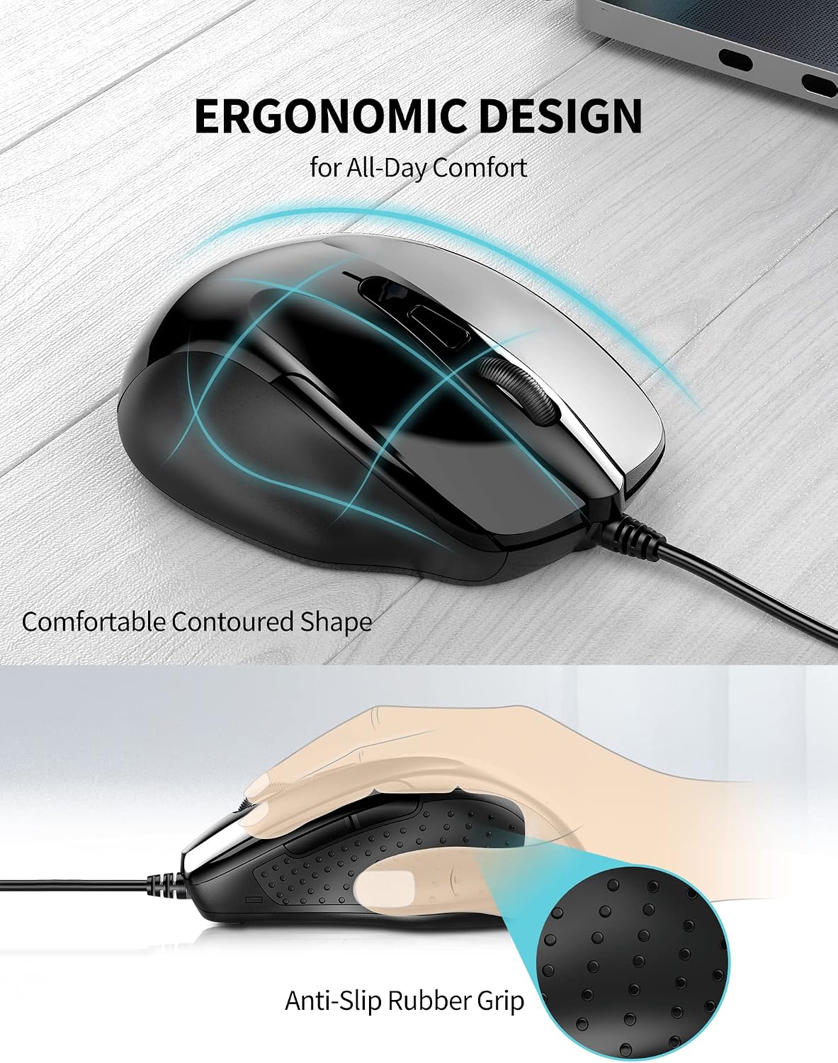 TECKNET USB Wired Mouse, 6400 DPI Mice 4 Adjustable DPI with 6-Button Corded, Optical Computer Mouse with Ergonomic Design for Laptop, Chromebook, PC, Desktop, Mac, Notebook