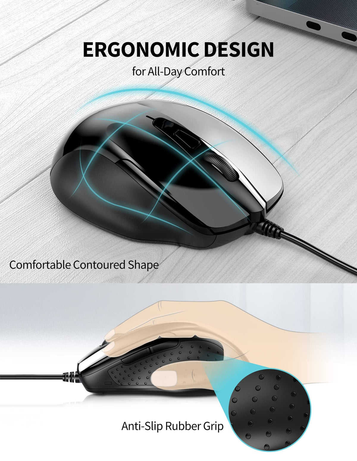 TECKNET USB Wired Mouse, 6400 DPI Mice 4 Adjustable DPI with 6-Button Corded, Optical Computer Mouse with Ergonomic Design for Laptop, Chromebook, PC, Desktop, Mac, Notebook