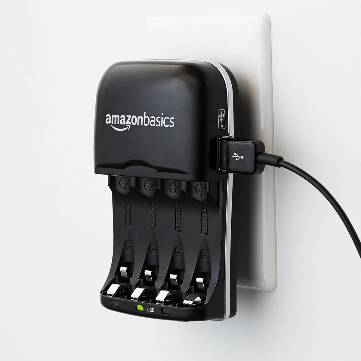 Amazon Basics 4 Slot Ni-MH AA & AAA Battery Charger With Indicator LEDs, With USB Port, Black