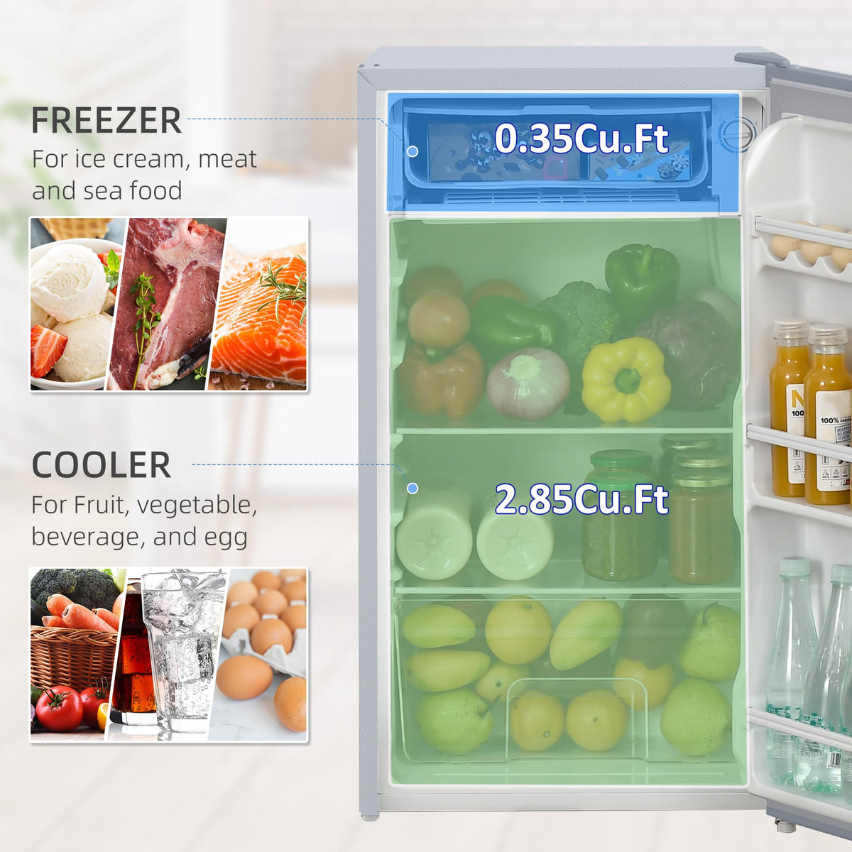 HOMCOM Under Counter Fridge 91L Small Fridge with Chiller Box Silver Tone