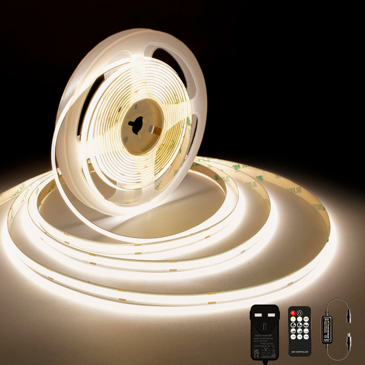 TTWAY COB LED Strip Lights 2700K, Dimmable LED Strip Kit, Super Bright 24V LED Tape Lights CRI90+ with RF Remote and UKCA Power Supply for DIY Home Decoration, 5M, 2400LEDs, Warm White.