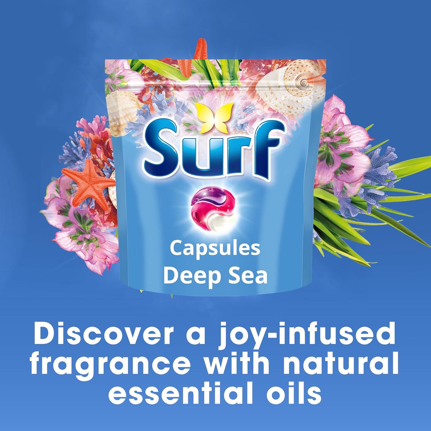 Surf 3 in 1 Deep Sea Laundry Washing Detergent Capsules joy-infused fragrance with natural essential oils lasting up to 12 hours in wear for brilliantly clean results 60 washes