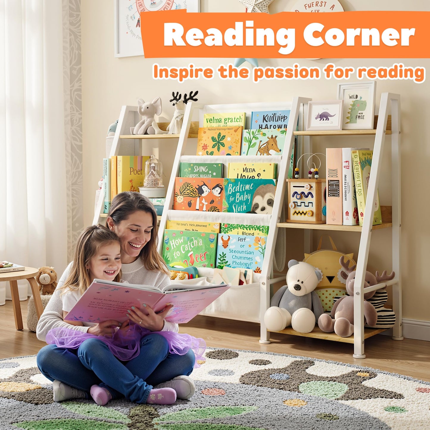 GoTiling Kids Bookshelf and Toy Storage Organizer: 3-Tier Sling Book Shelf with 3 Side Pockets for Kids Room - Toy Storage Organizer with 2 Fabric Drawers for Nursery, Bedroom, Playroom