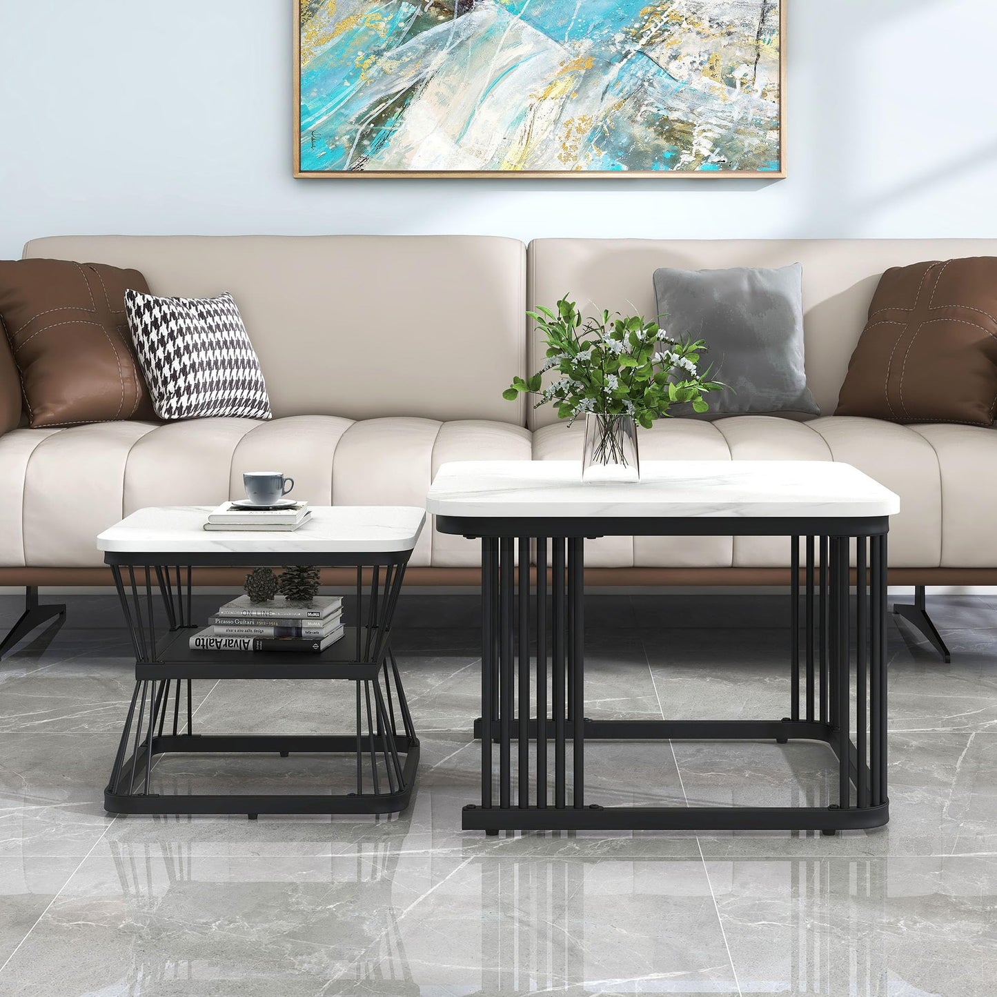 ModernLuxe 2-in-1 Coffee Table, Multi-functional Side Table with Marble Grain Veneer Top, Rattan Drawers, Solid Wood Handles, Gold Coloured Iron Legs, Round Nest of Tables for Living Room, Black