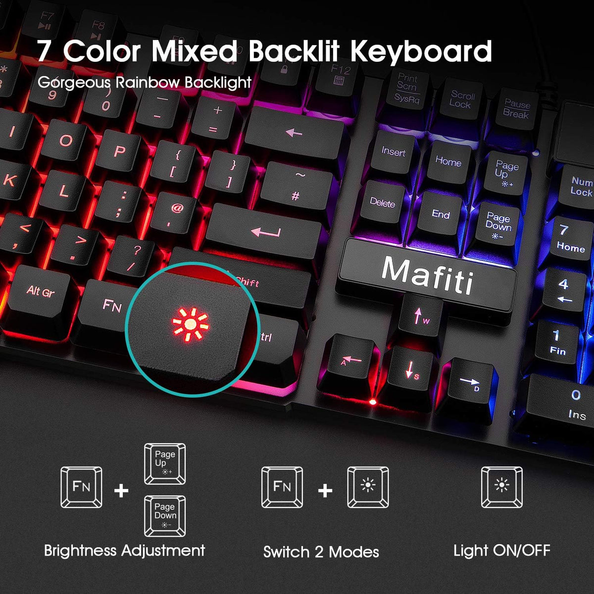 Gaming Keyboard and Mouse Set,Mafiti Rainbow Backlit Keyboard with Mechanical Feeling Breathing Light for Working or Gaming,UK Layout