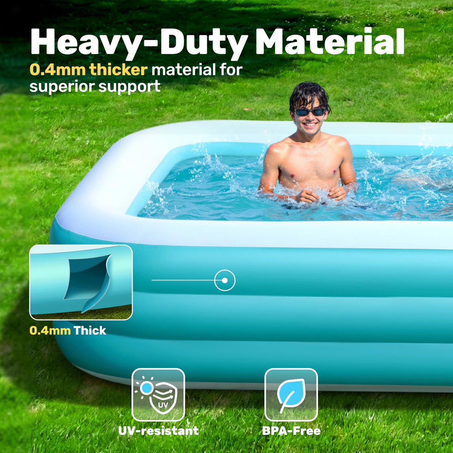 Sloosh Inflatable Swimming Pool for Adults with Seats, 304.8 x 182.8 x 55.8cm Full-Sized Blow Up Durable Thickened Above Ground Family Pool, Large Paddling Pool for Summer Water Party Garden Lawn,Blue