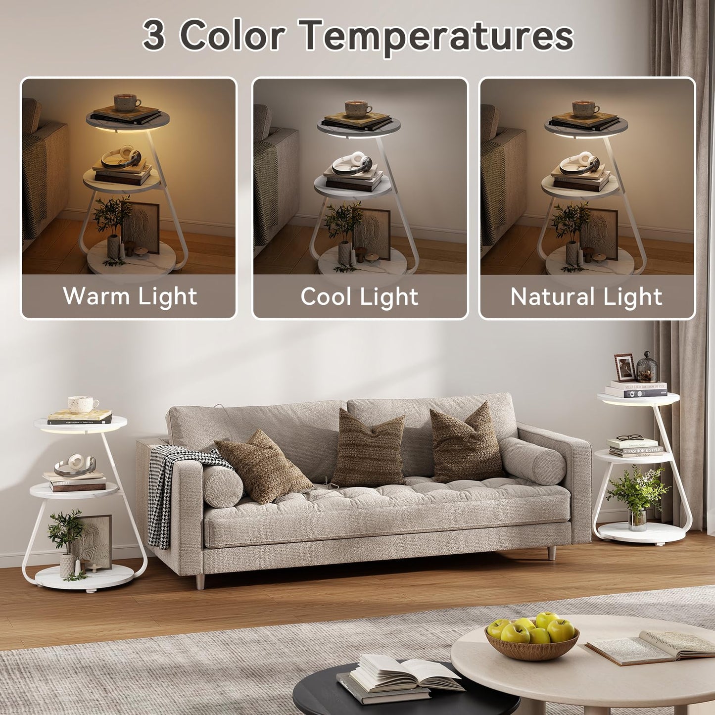 ARTETHYS Side Table, Small Round Coffee Table with 3 Color LED Lights, End Table with 3 Tier Storage Shelves, Bedside Sofa Side Tables for Living Room Bedroom, Rustic Brown