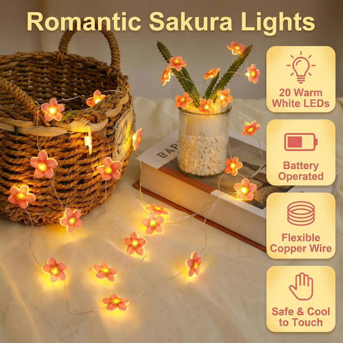 2M 20 LED Pink Cherry Blossom Fairy Lights, Battery Operated Flower String Lights for Bedroom Decor, Indoor Spring and Christmas Decorations, Girls Room Gift (Flowers)