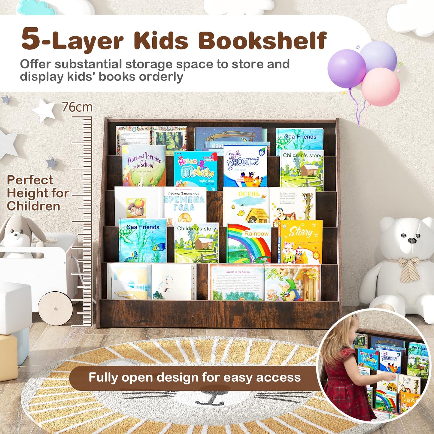 COSTWAY Wooden Kids Bookshelf, 5 Tier Children Bookcase with Deep Compartments, Back Storage Space, Front-Facing Books Display Rack for Playroom, Daycare, Kid’ Room (Rustic Brown)