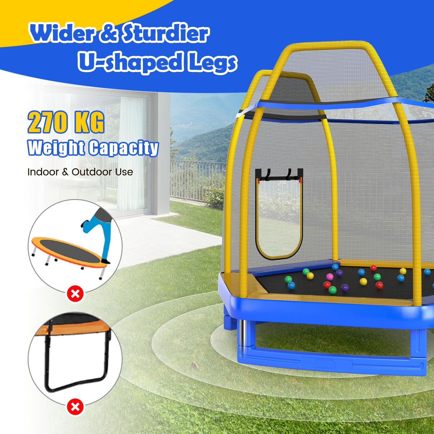COSTWAY 7ft Kids Trampoline, Hexagonal Trampolines with Slide, Ladder, Safety Enclosure Net and Ocean Balls, Toddler Jumping House for Indoor Outdoor