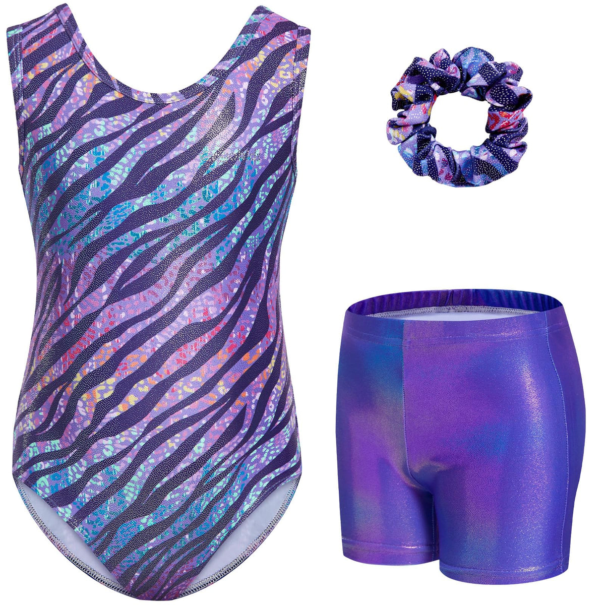 Gogokids Girls' Three-Piece Gymnastics Set, Sleeveless Leotards with Shorts and Hairband, Sparkling Ballet Dancing Unitards - Gymnastics Outfit with Gradient Color Design for 3-12 Years