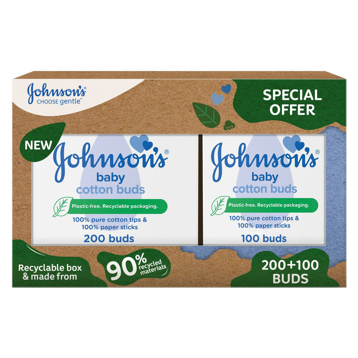 Johnson's Baby Cotton Buds (1 x Pack of 200) Soft & Gentle Ear Buds for Delicate Skin, Made of 100% Pure Cotton and Paper Sticks, Plastic-Free to Clean Around Eyes and Outer Areas