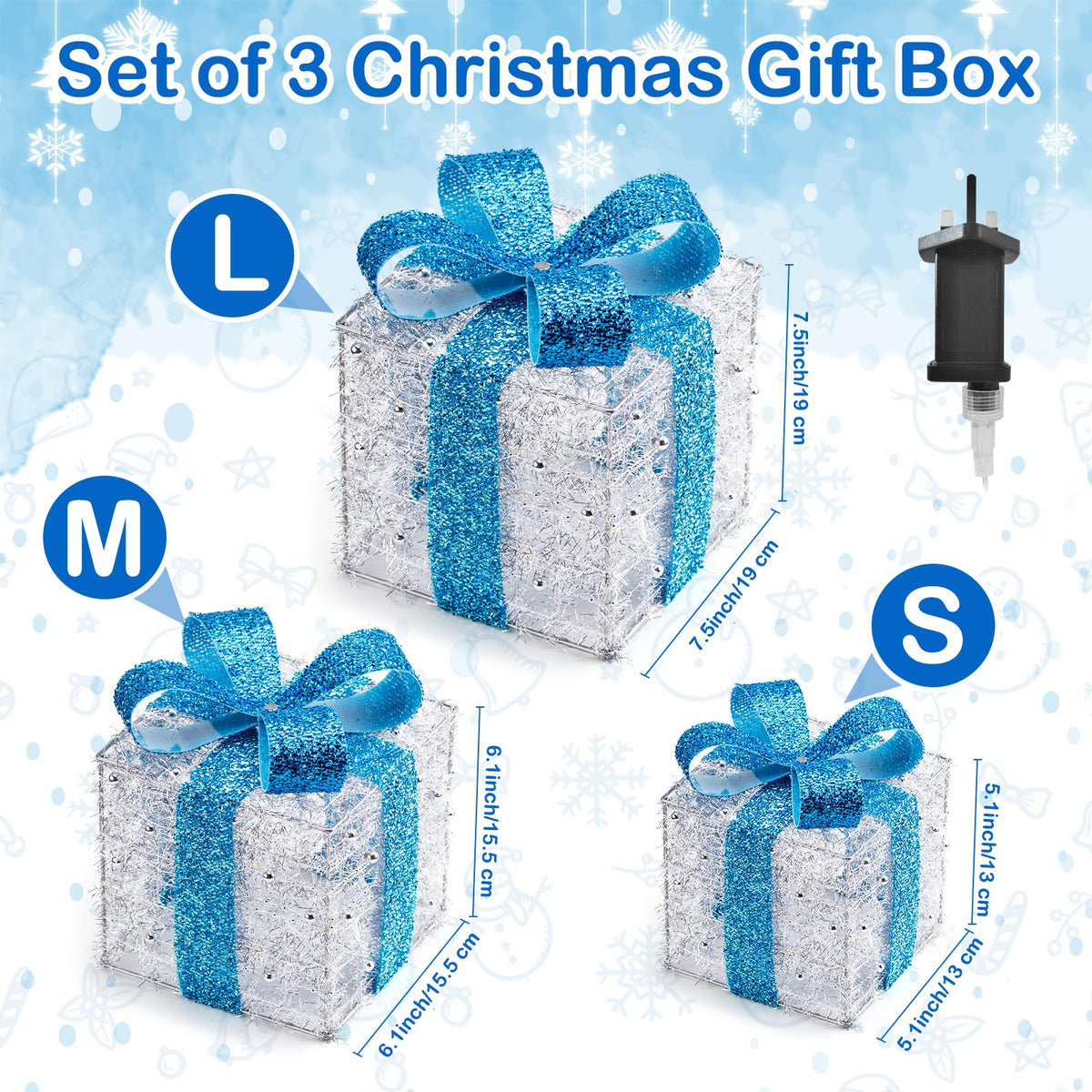 Set of 3 Blue Lighted Boxes, Silver Bows, Christmas Decor Indoor/Outdoor