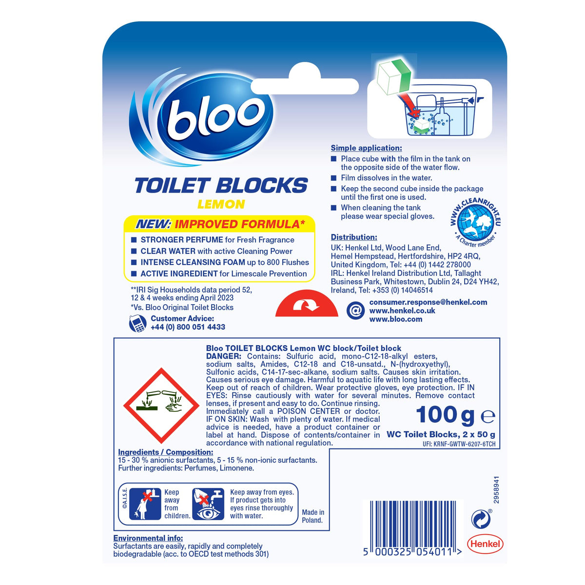 Bloo New 3in1 Toilet Blocks, Pack of 2, Toilet Limescale Remover Cistern Block, Toilet Cleaner Block with Cleaning and Foaming Action, Toilet Fresheners - Limescale Prevention