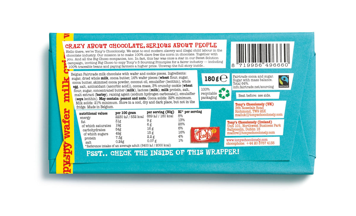 Tony's Chocolonely Milk Chocolate Bar - 180g Belgian Fairtrade Chocolate, Gift, 32% Cocoa, Vegetarian